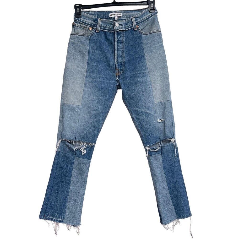 RE/DONE by Levi's SZ 29 70's Patch Jeans Distressed High-Rise Button-Fly Frayed